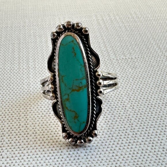 Turquoise Sterling Silver Ring Size 8 Long Oval Southwest Style - Picture 8 of 11